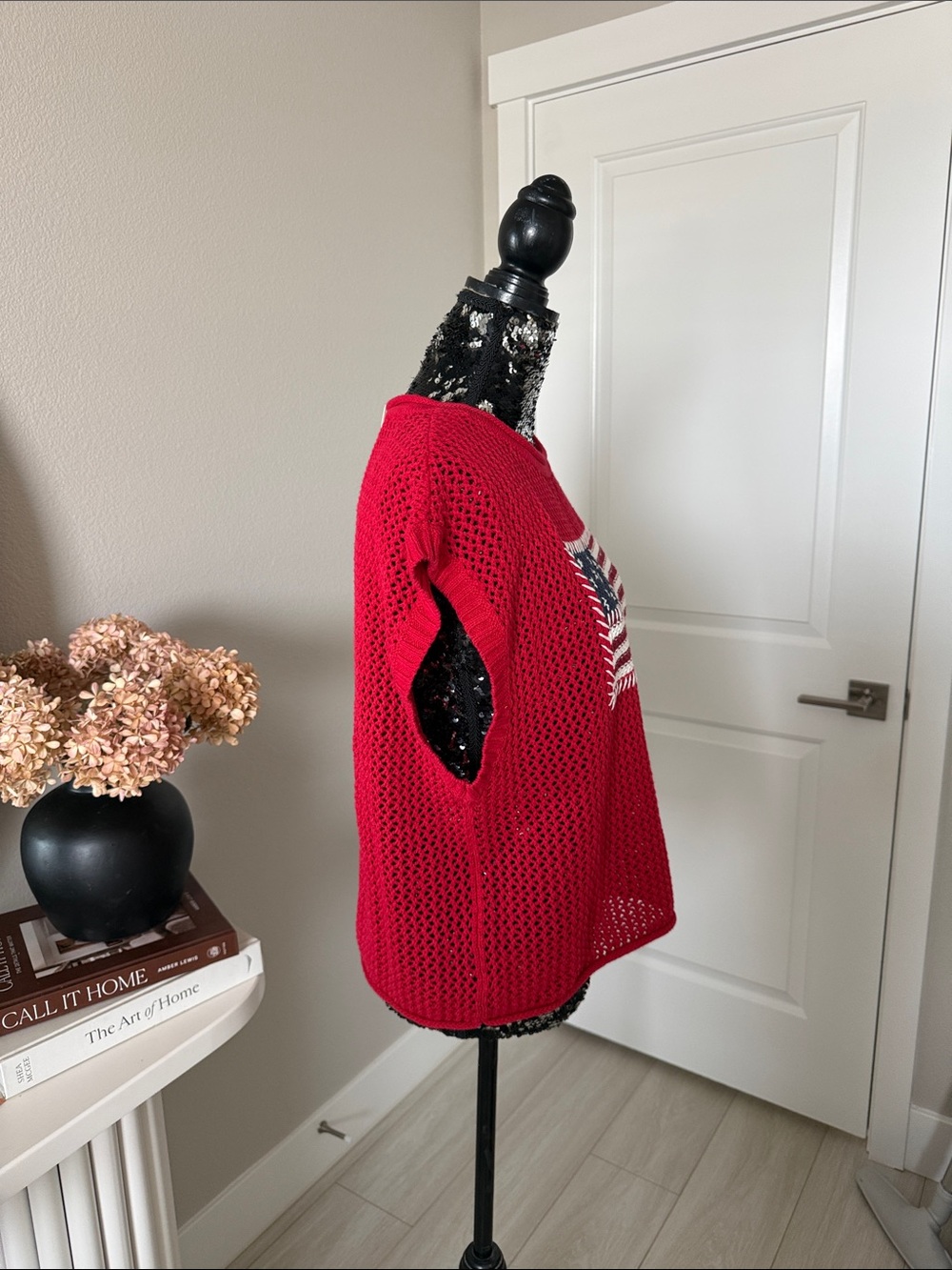 Thread & Supply Red Crochet Knit Top with American Flag Patch - Picture 4 of 6